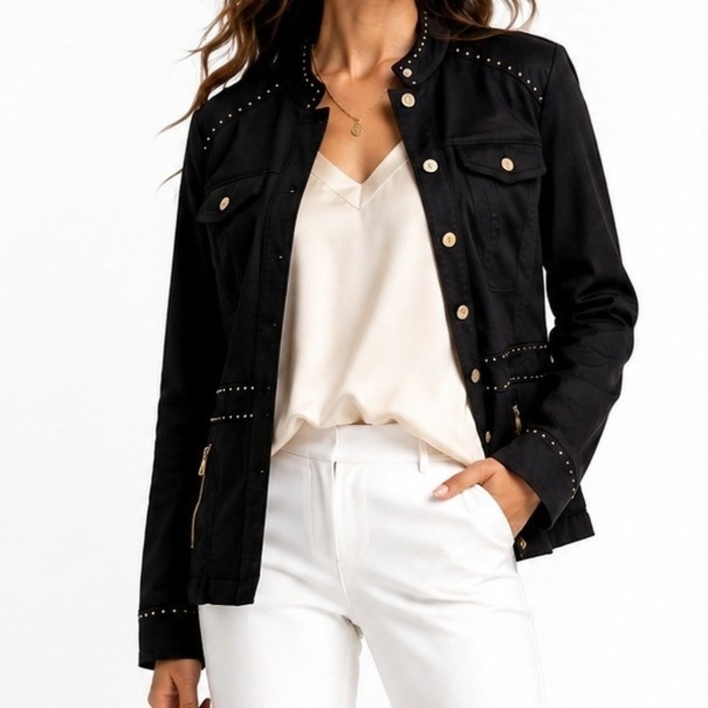 White House Black Market Black Studded Military Utility Jacket Mandarin Collar